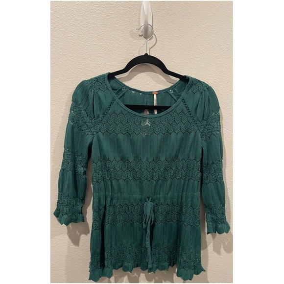 FREE PEOPLE Island Knit Green 3/4 Sleeve Blouse - Picture 2 of 5
